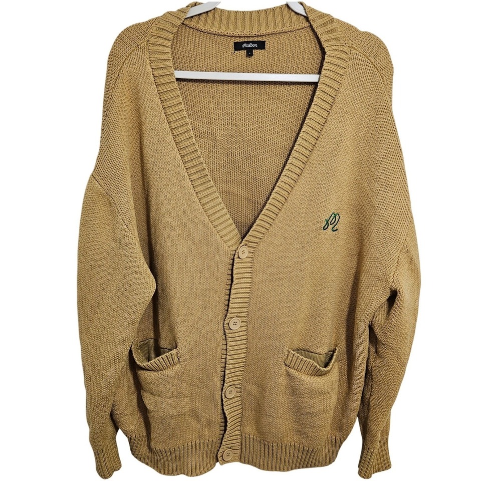 Malbon Golf Mens Cardigan Sweater Embroidered Logo Knit Chunky Old Money Tan L